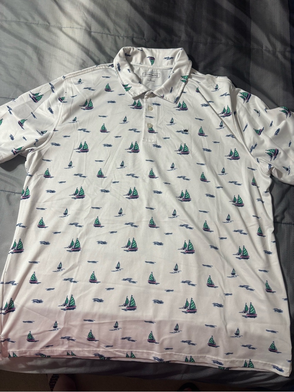 crown & ivy White Polo with Green & Navy Sailboat Print